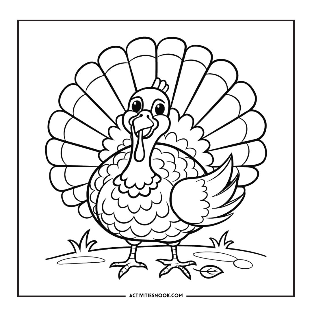 Black and white outline illustration of a turkey with a fan-shaped tail, suitable for coloring activities.