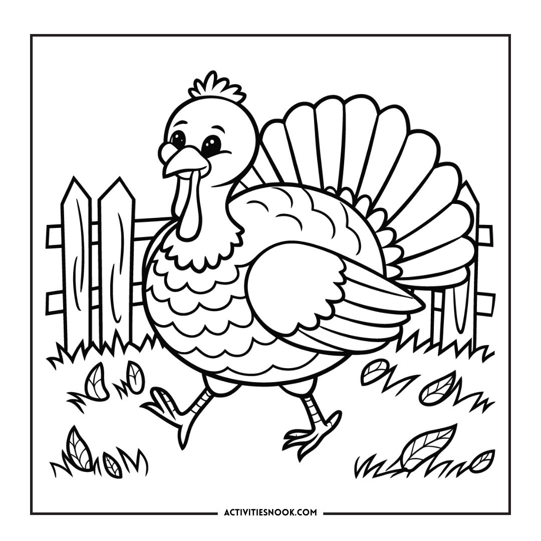 Coloring page featuring a cartoon turkey walking in a grassy area with a fence in the background.