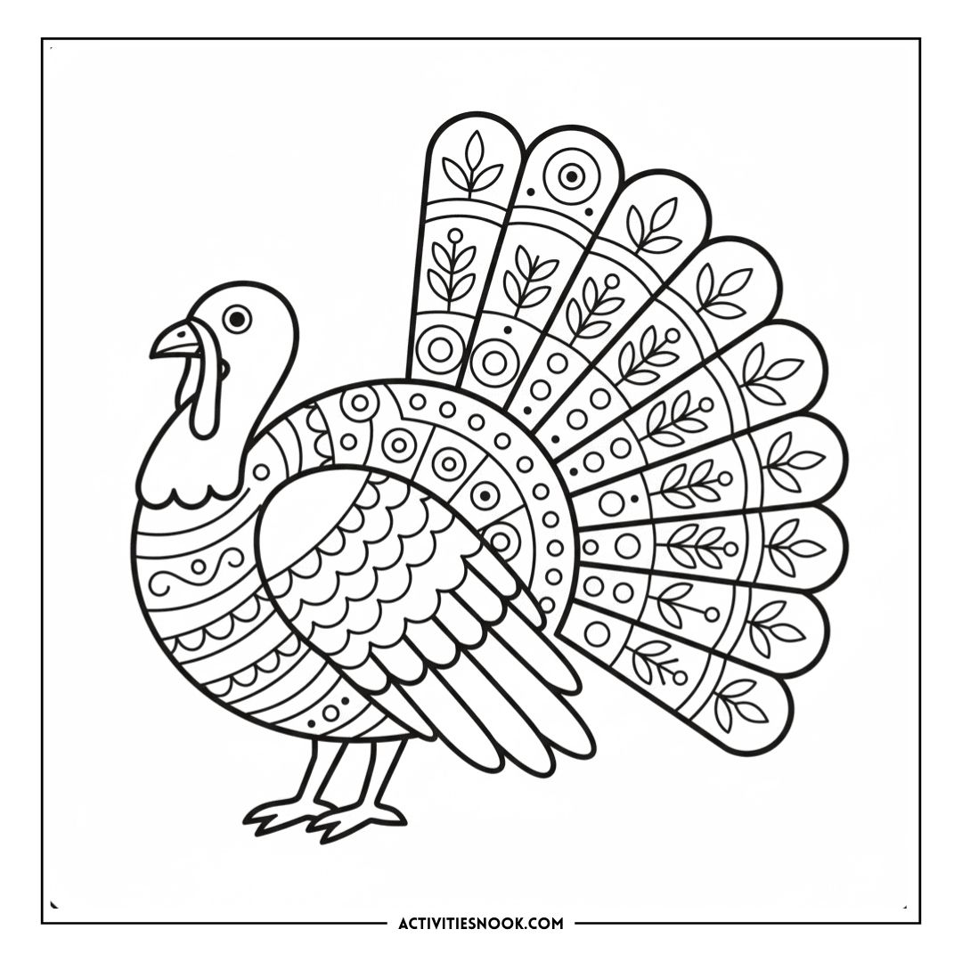 Coloring page featuring a detailed illustration of a turkey with decorative patterns and feathers.