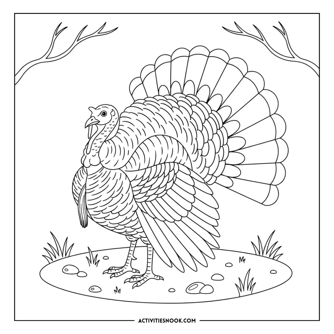 Black and white outline illustration of a turkey with detailed feathers and a raised tail.