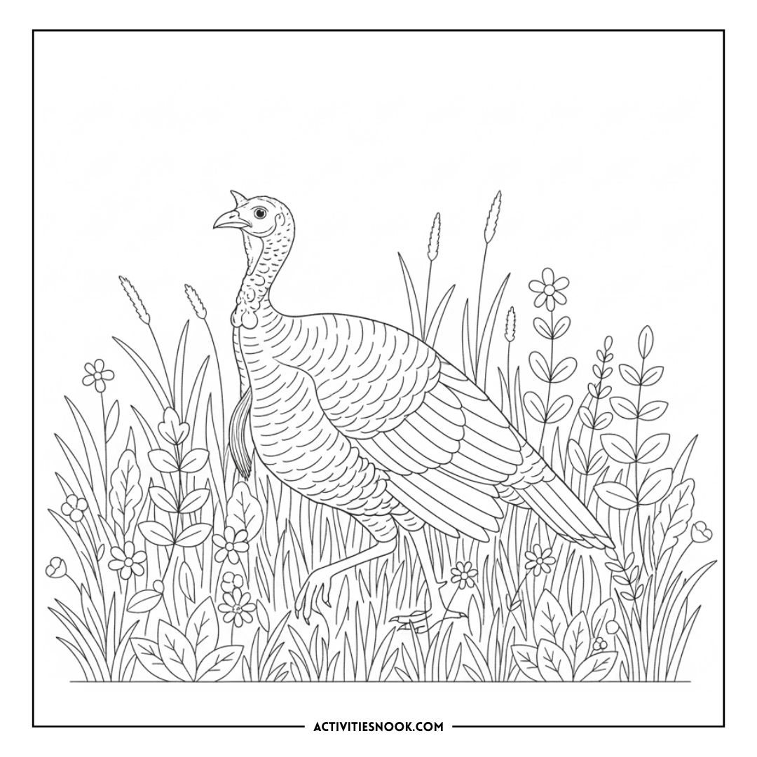 Black and white outline drawing of a turkey walking among flowers and grass in a coloring page design.