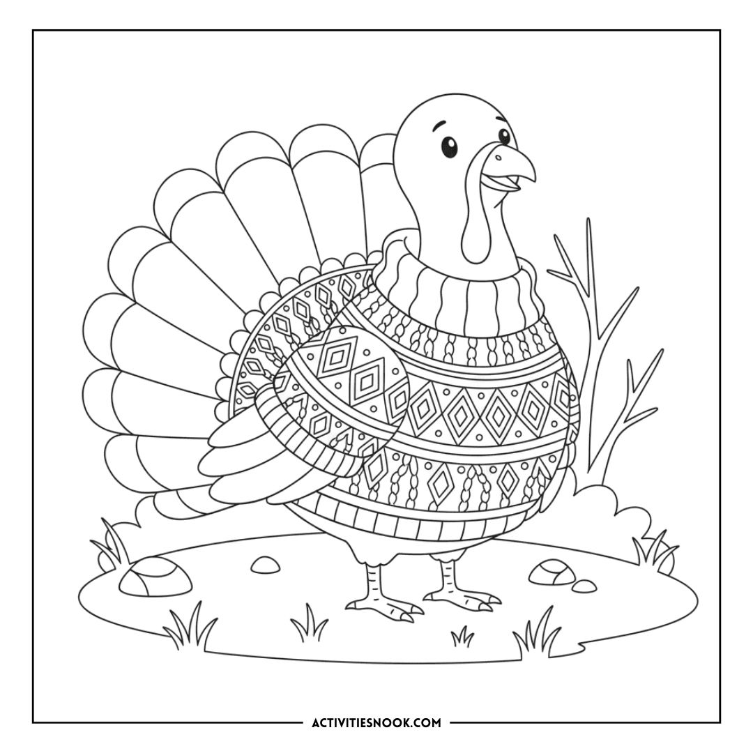 A turkey wearing a patterned sweater, standing on grass with a few rocks and plants around it.