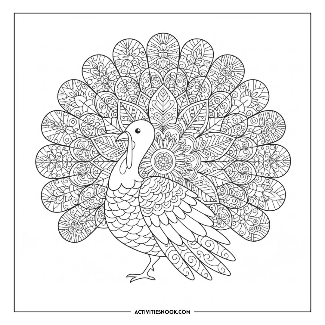 Intricate black and white turkey coloring page featuring detailed patterns in the feathers and body.