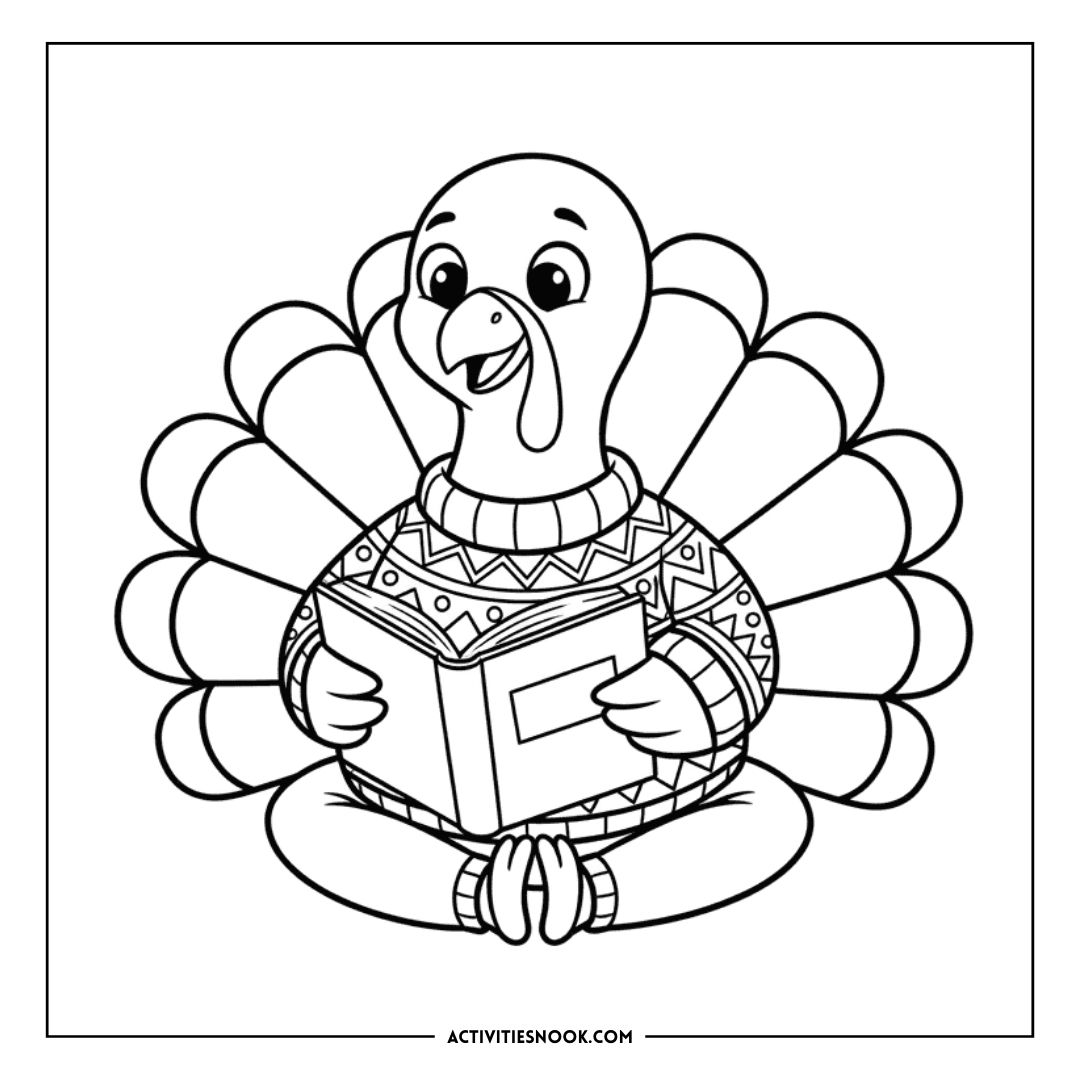 Cartoon turkey wearing a patterned sweater, sitting and reading a book in a coloring page design.
