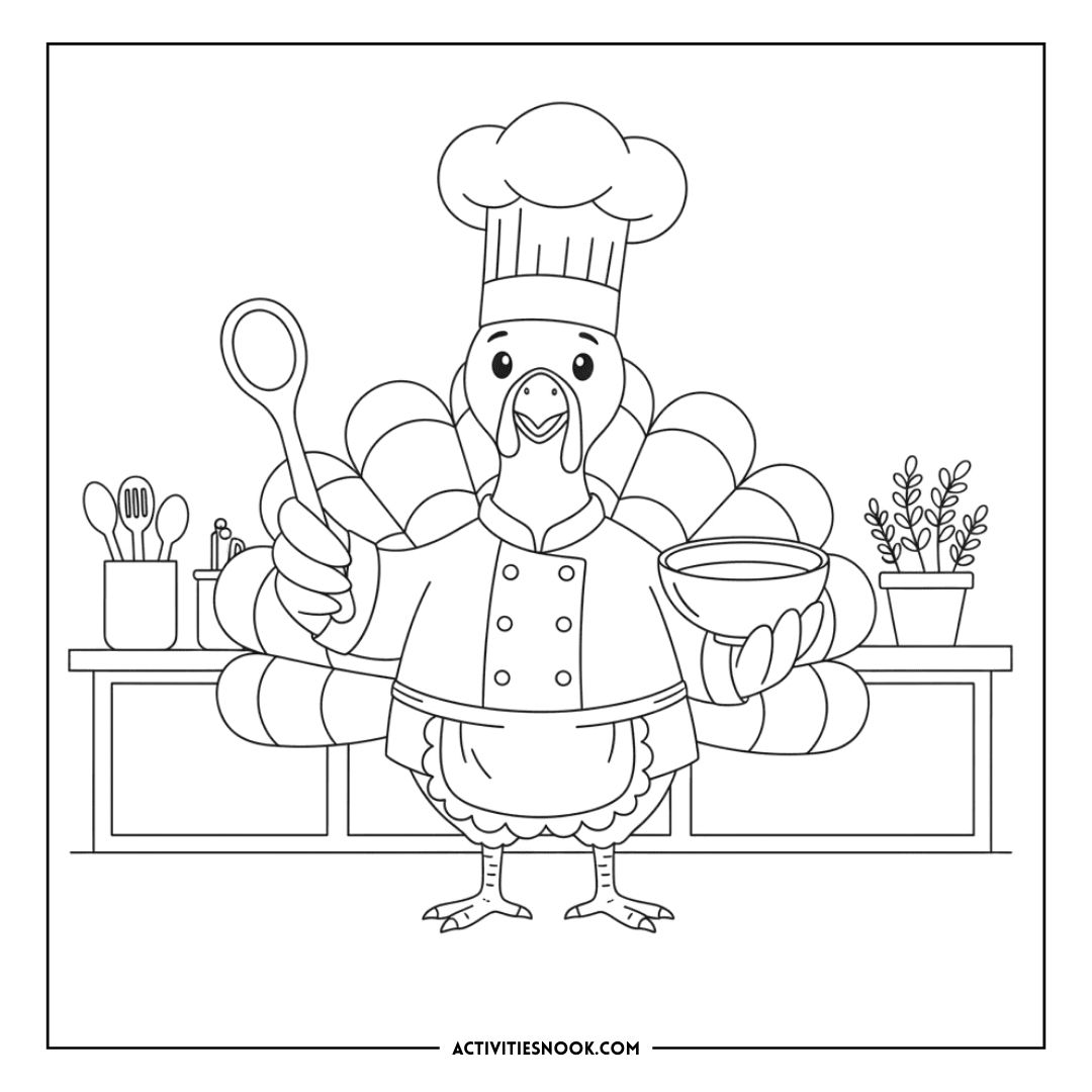 Cartoon turkey wearing a chef's hat and apron, holding a spoon and bowl in a kitchen setting.