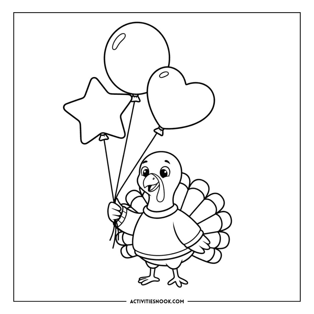 A cartoon turkey holding three balloons, one star-shaped and two heart-shaped, in a playful design.