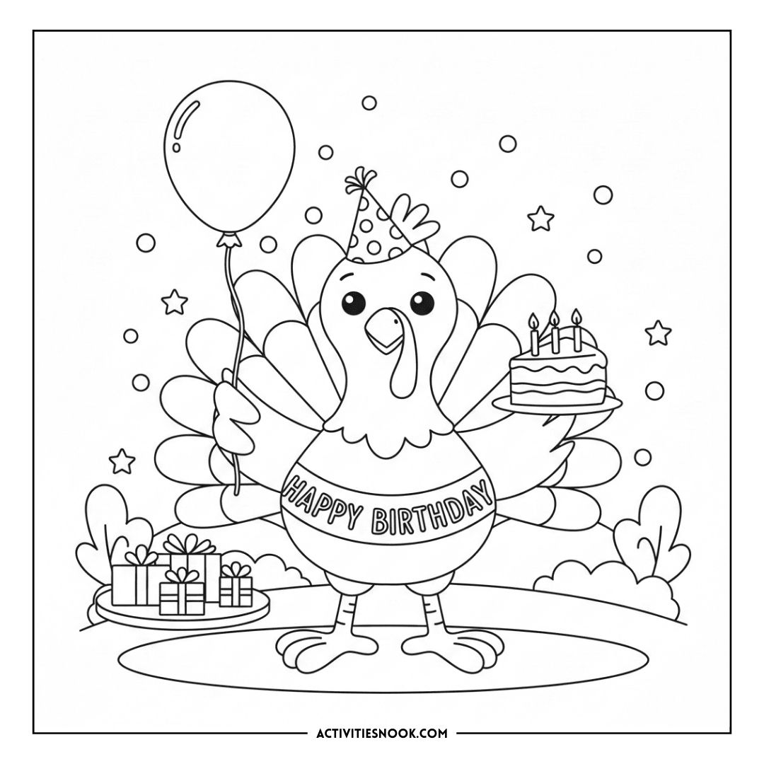 Coloring page featuring a turkey holding a birthday cake and balloon, with gifts and stars in the background.