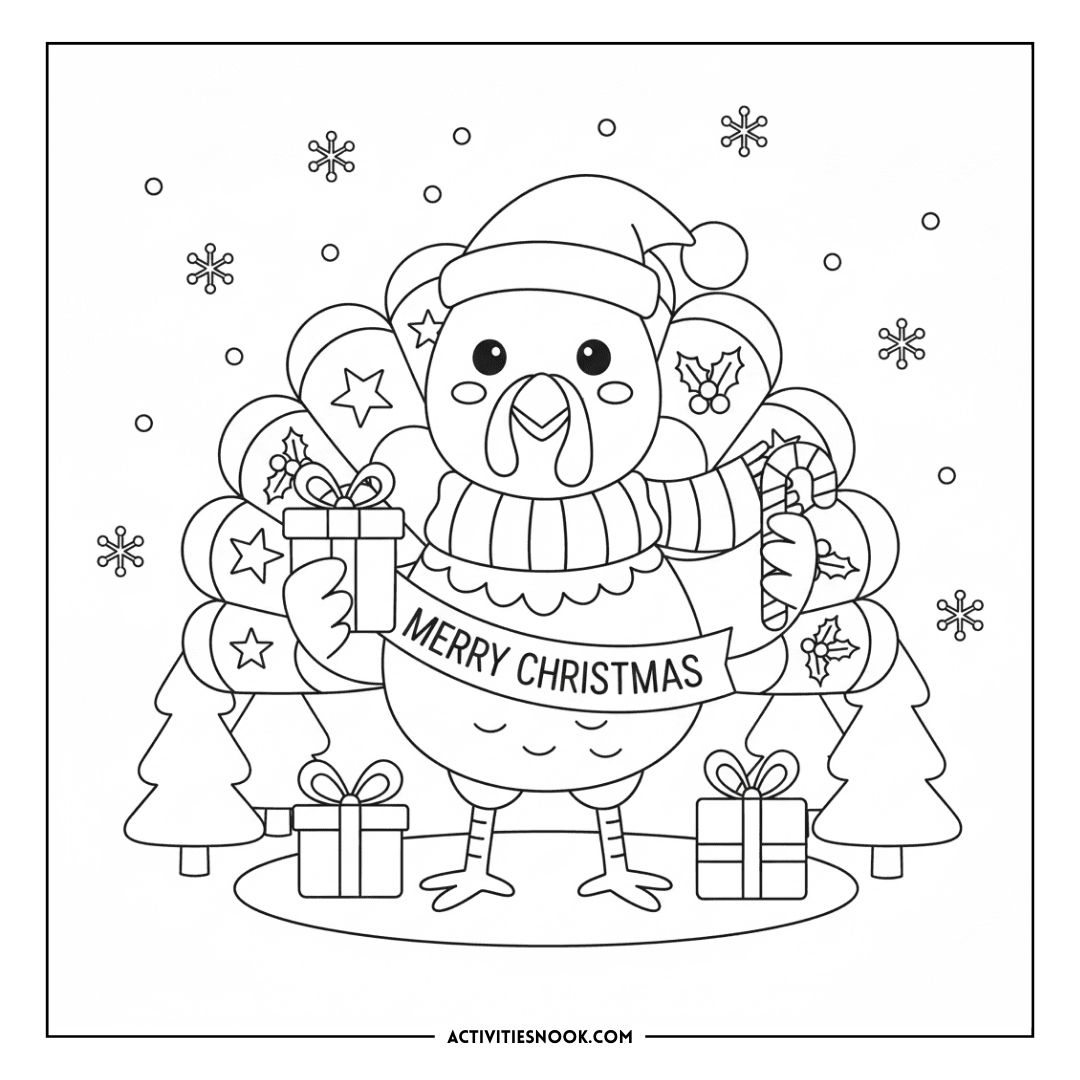 Coloring page featuring a cartoon turkey wearing a Santa hat and scarf, holding a gift with a 'Merry Christmas' banner.