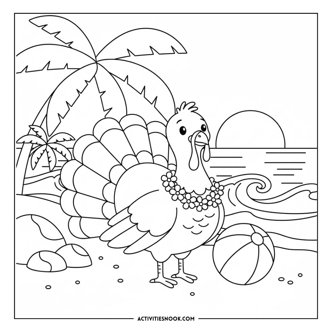 Coloring page featuring a turkey wearing a necklace standing on a beach with palm trees and a sunset.
