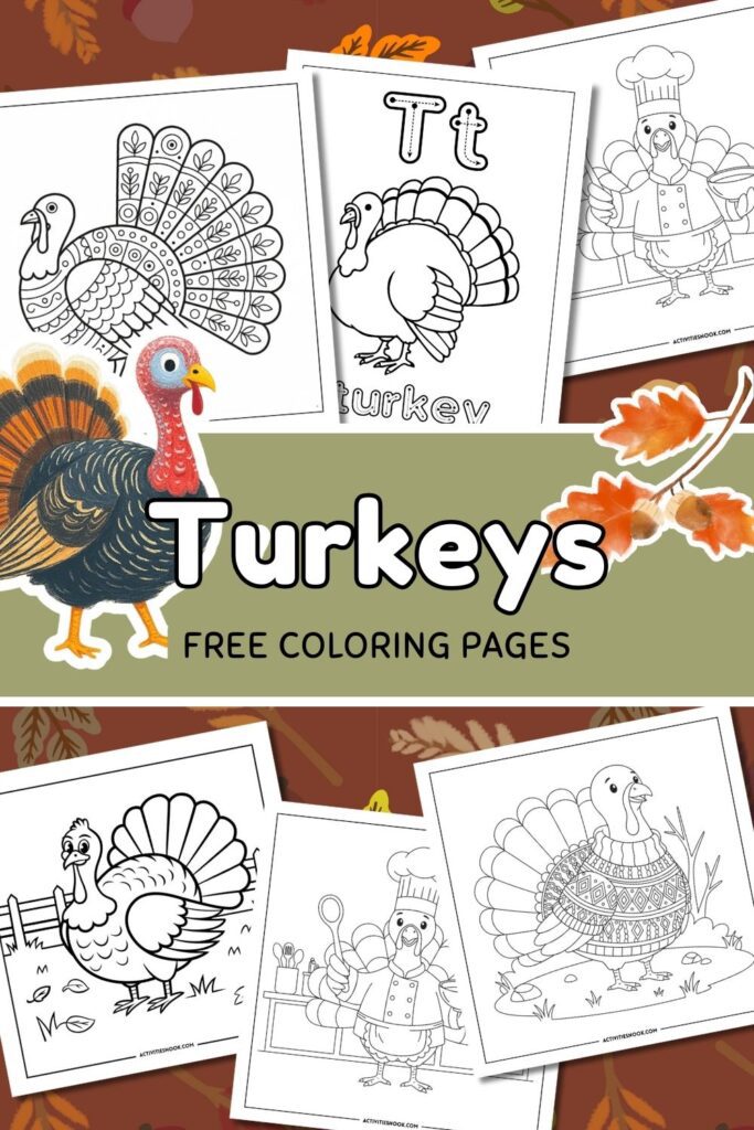 Coloring pages featuring turkeys, including a chef turkey and various turkey illustrations for children.