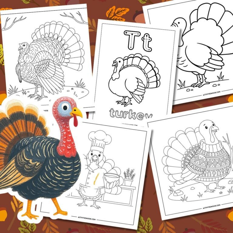 Coloring pages featuring various turkey illustrations, including a cartoon turkey and educational elements.