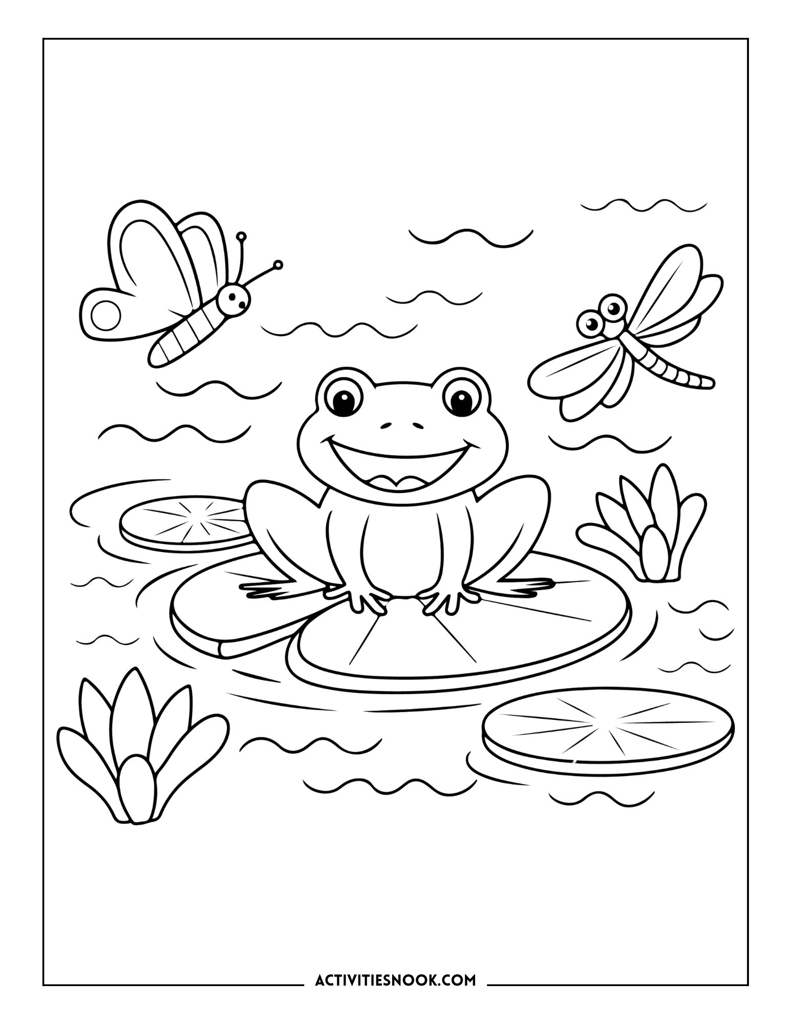 Coloring page featuring a frog sitting on a lily pad surrounded by butterflies and dragonflies.