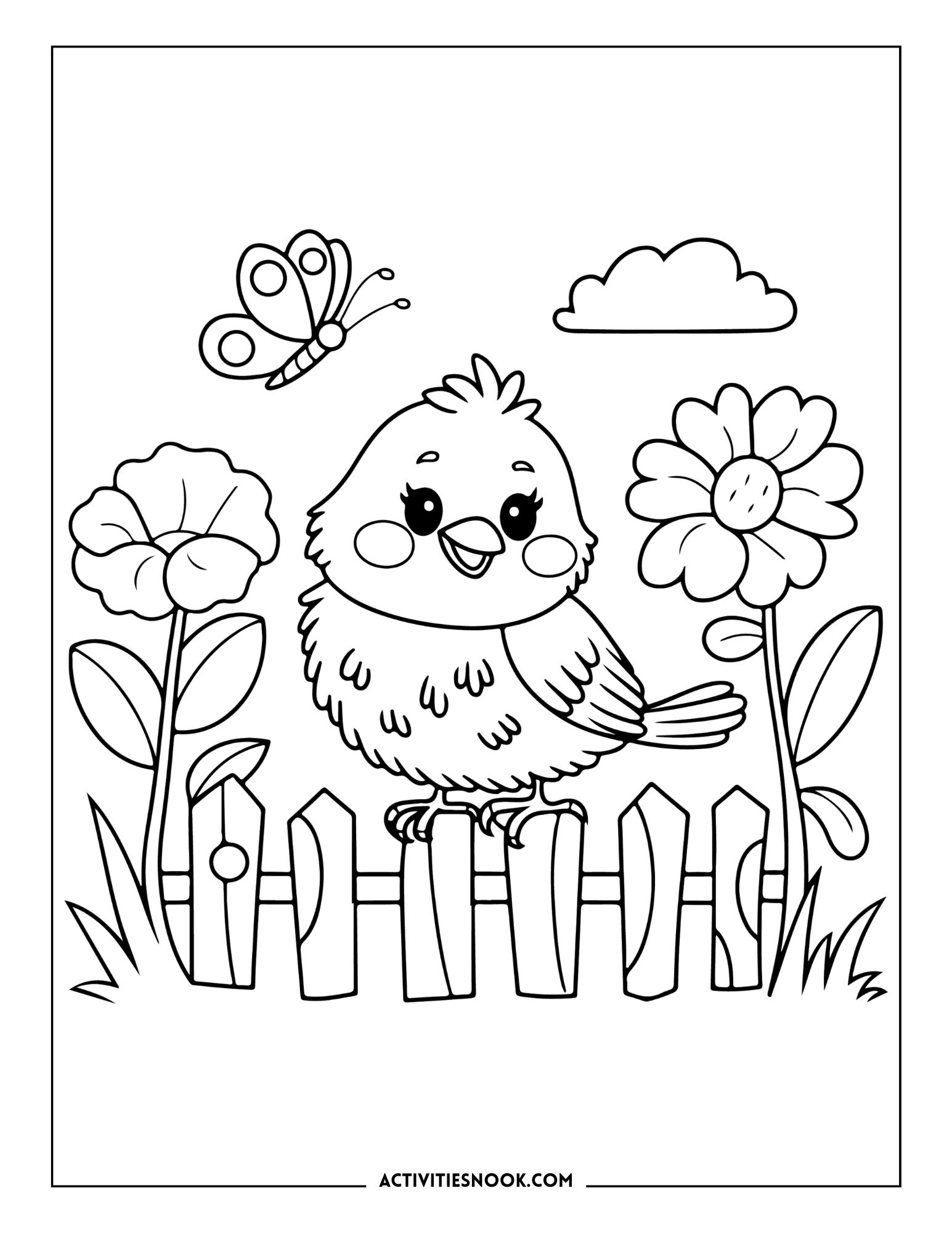 A cartoon-style bird standing on a fence surrounded by flowers and a butterfly in a coloring page design.