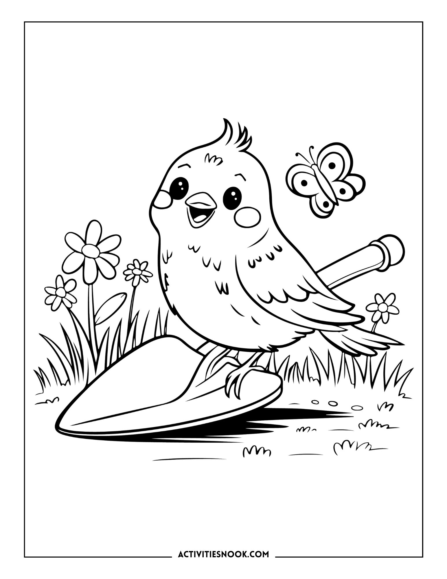 Coloring page featuring a bird standing on a shovel with a butterfly and flowers in a garden setting.