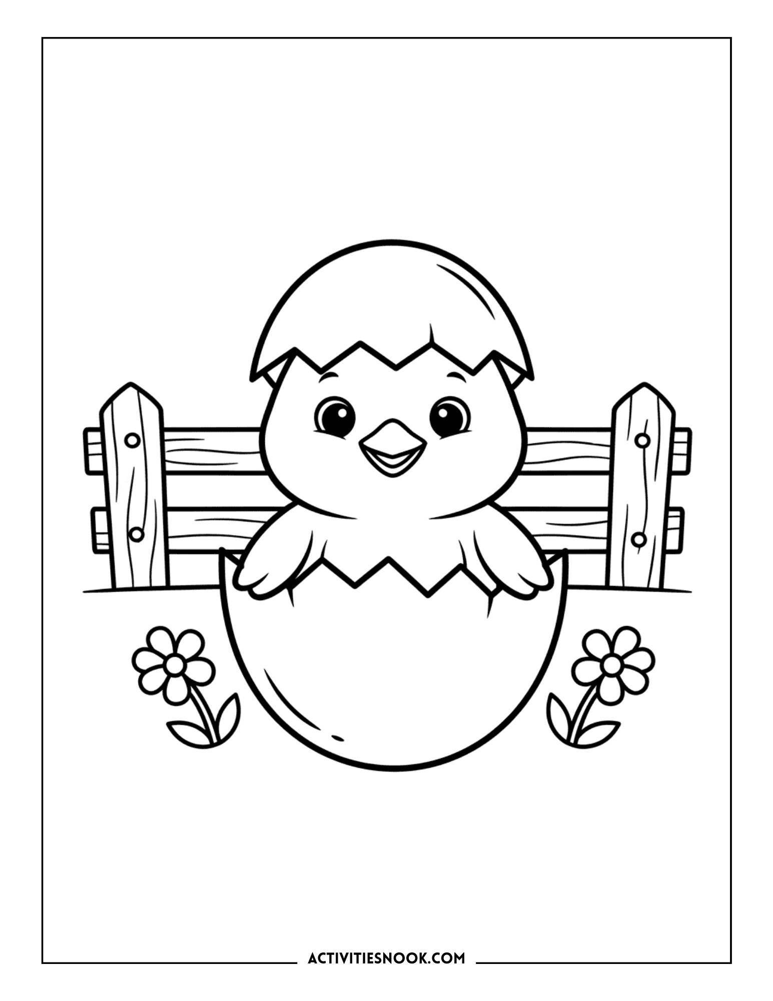 Coloring page featuring a chick emerging from an eggshell with flowers and a wooden fence.