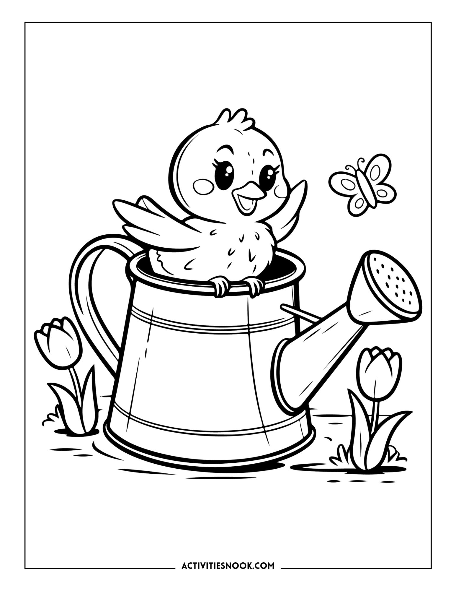 A cartoon bird sitting in a watering can with a butterfly nearby and tulips in the foreground.