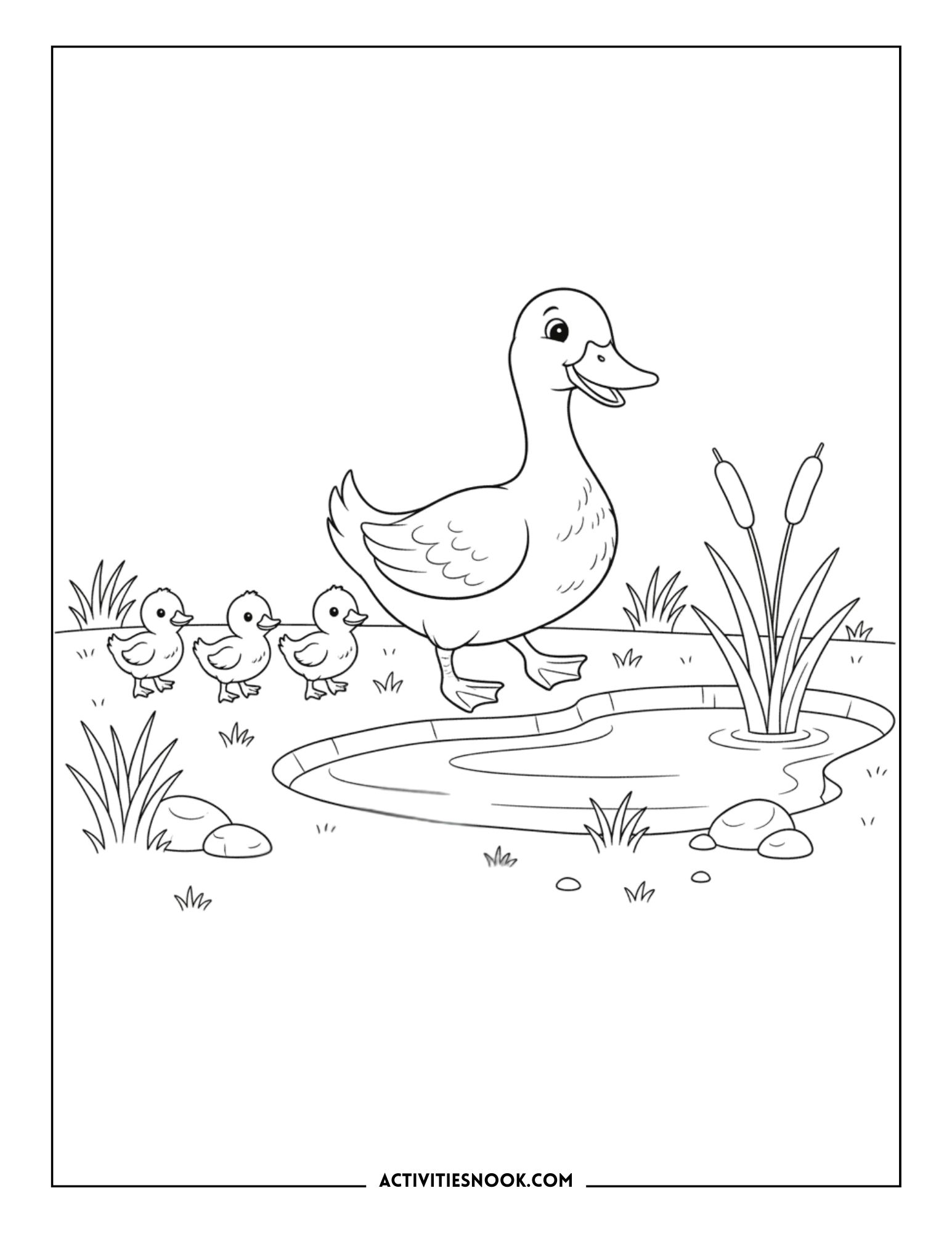 Coloring page featuring a duck walking by a pond with three ducklings and reeds.