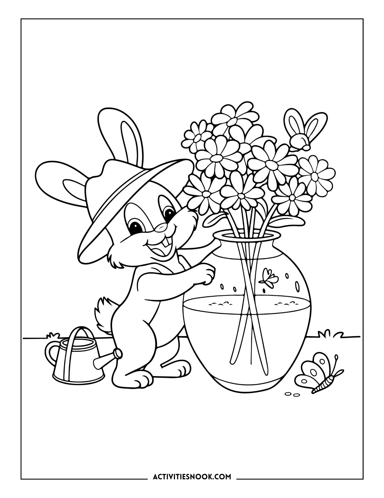 A cheerful rabbit wearing a hat, watering a vase filled with flowers in a coloring page illustration.