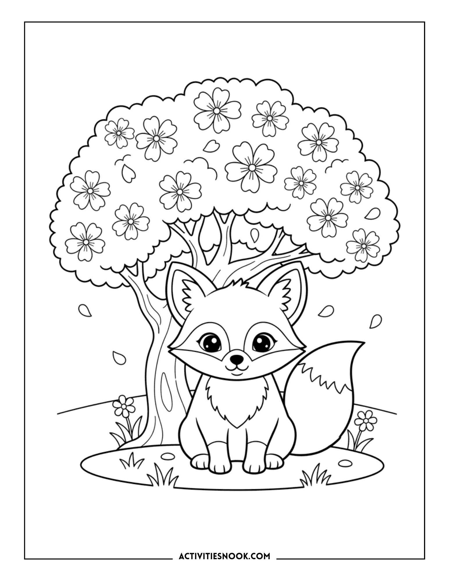 Coloring page featuring a fox sitting in front of a flowering tree with a detailed design.