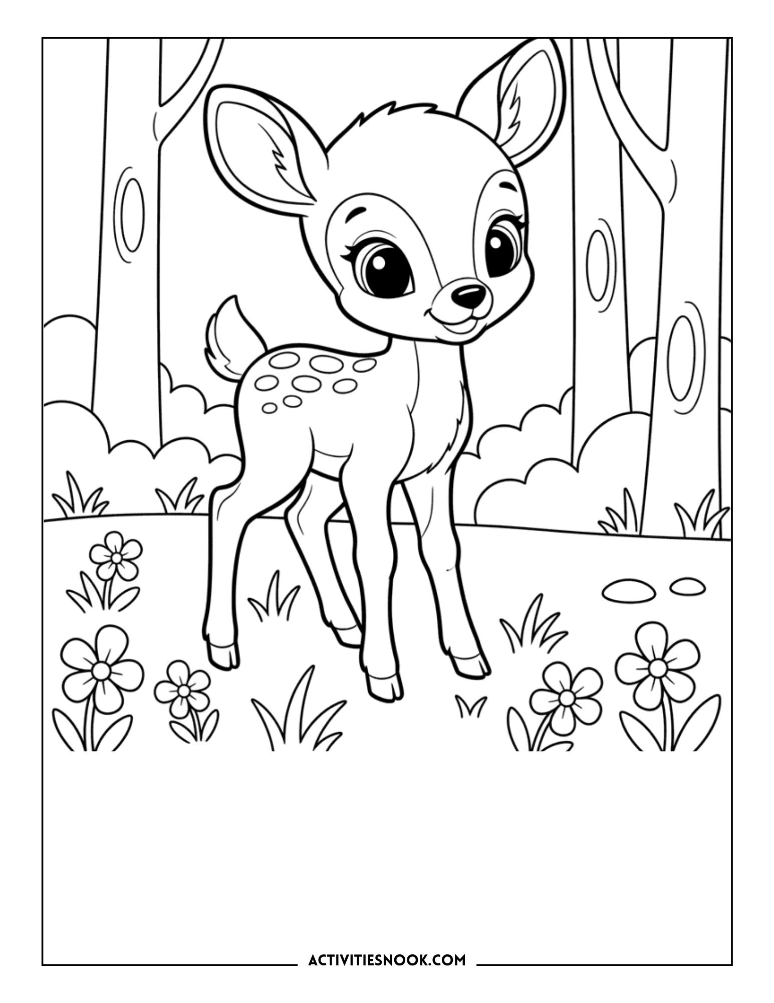 A cartoon-style illustration of a young deer standing among flowers in a forest setting.