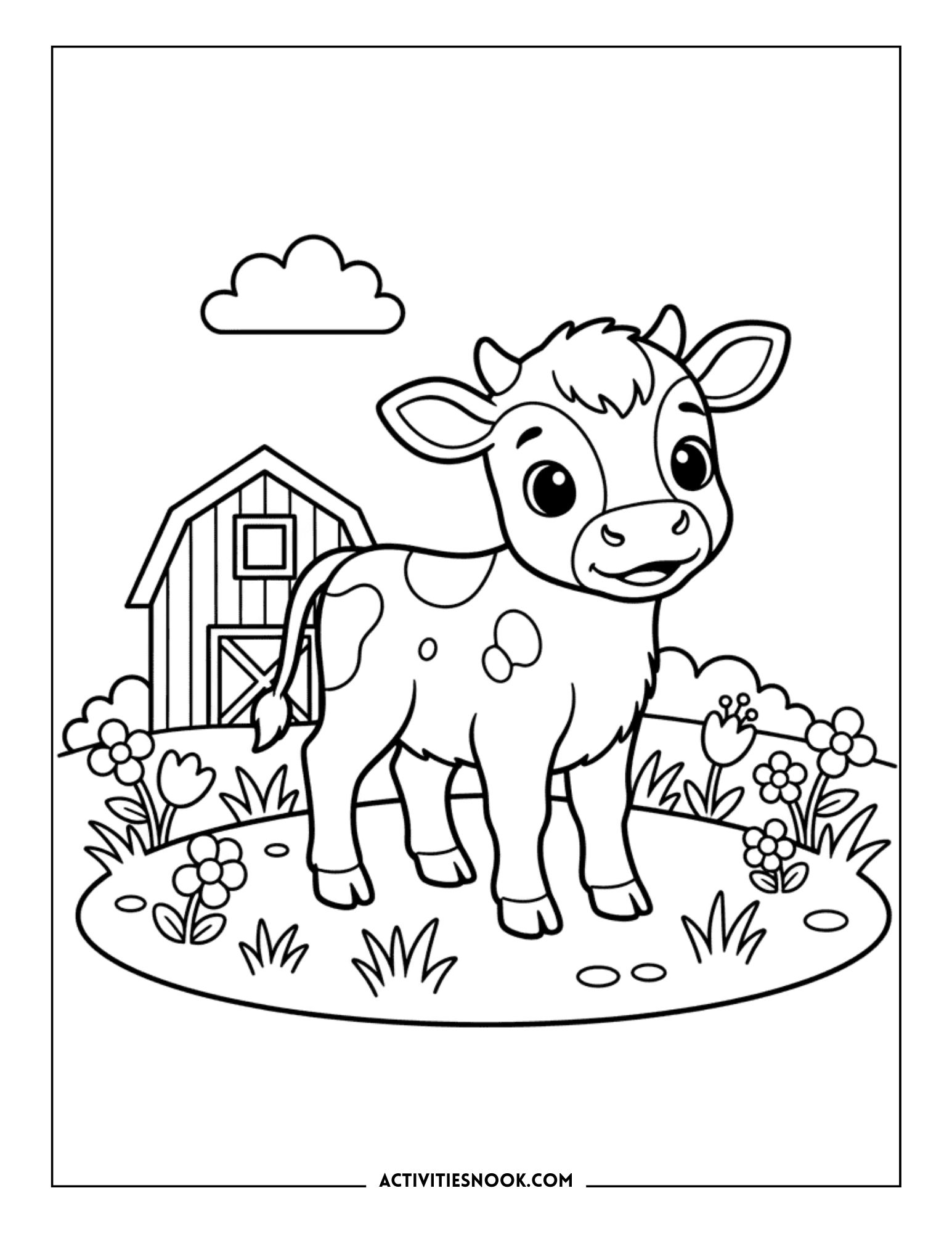 Coloring page featuring a cartoon cow standing in a field with flowers and a barn in the background.