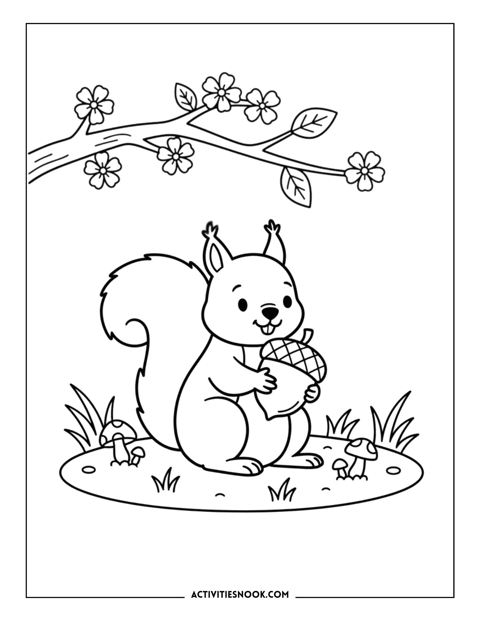 Squirrel holding an acorn surrounded by flowers and mushrooms in a spring-themed coloring page.