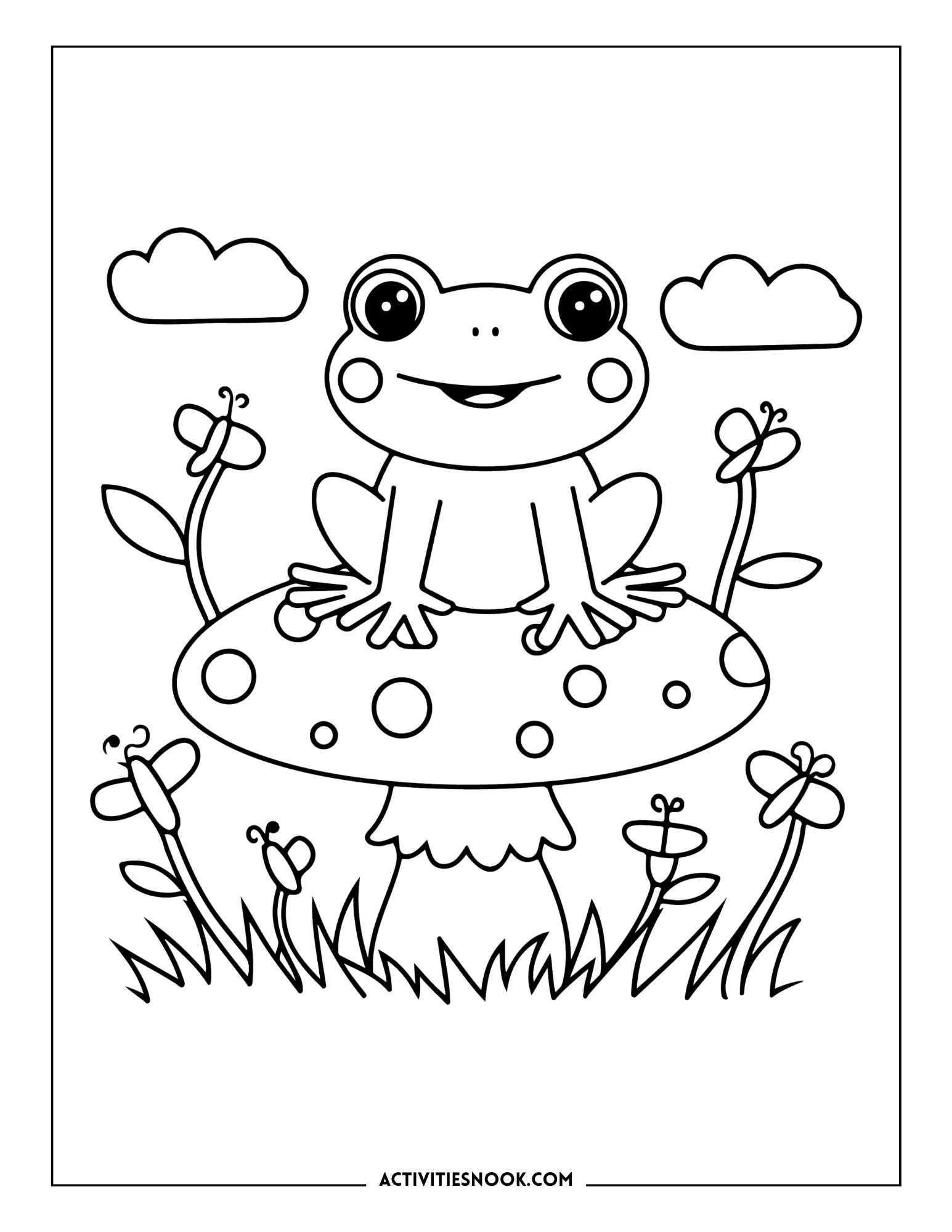 Coloring page featuring a frog sitting on a mushroom surrounded by flowers and clouds.