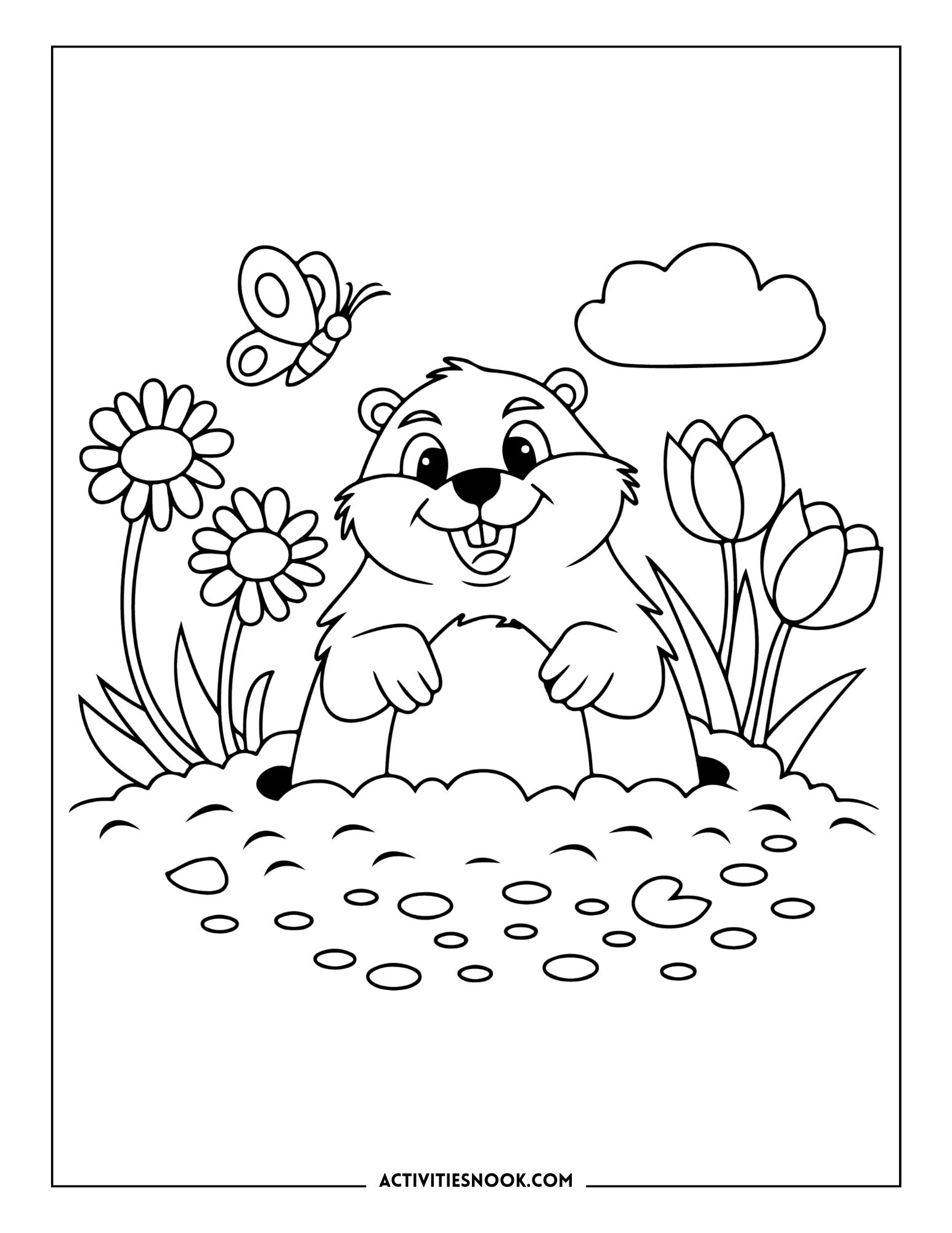 A cheerful groundhog emerging from its burrow surrounded by flowers and a butterfly in a coloring page design.