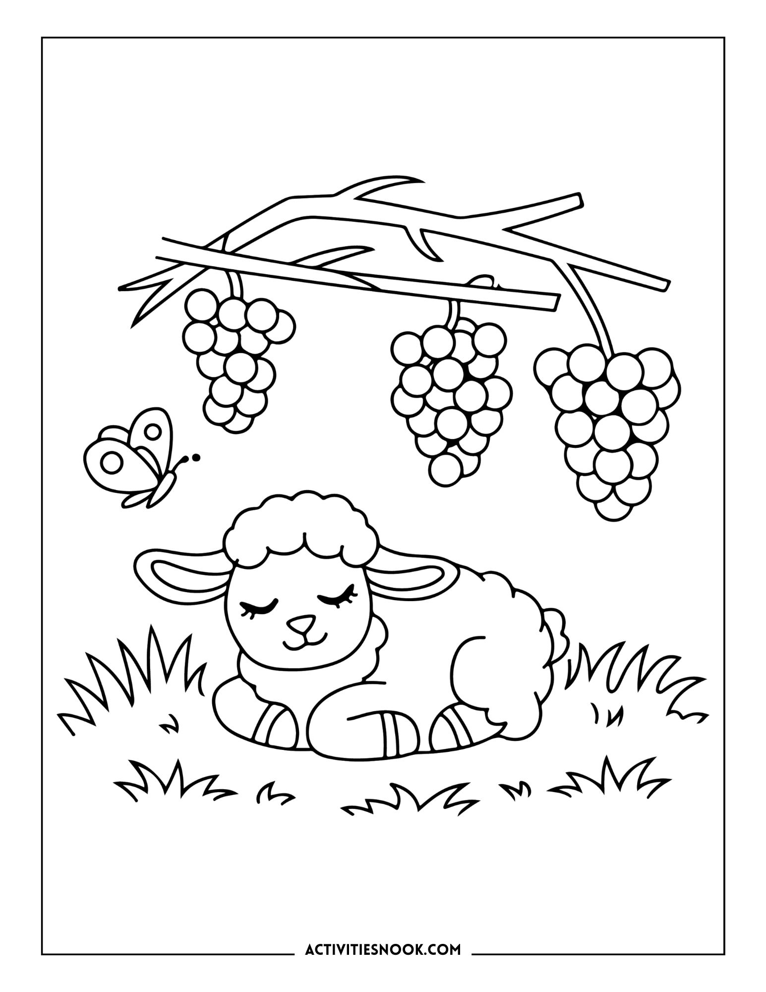 Coloring page featuring a sleeping lamb under a vine with grapes and a butterfly nearby.