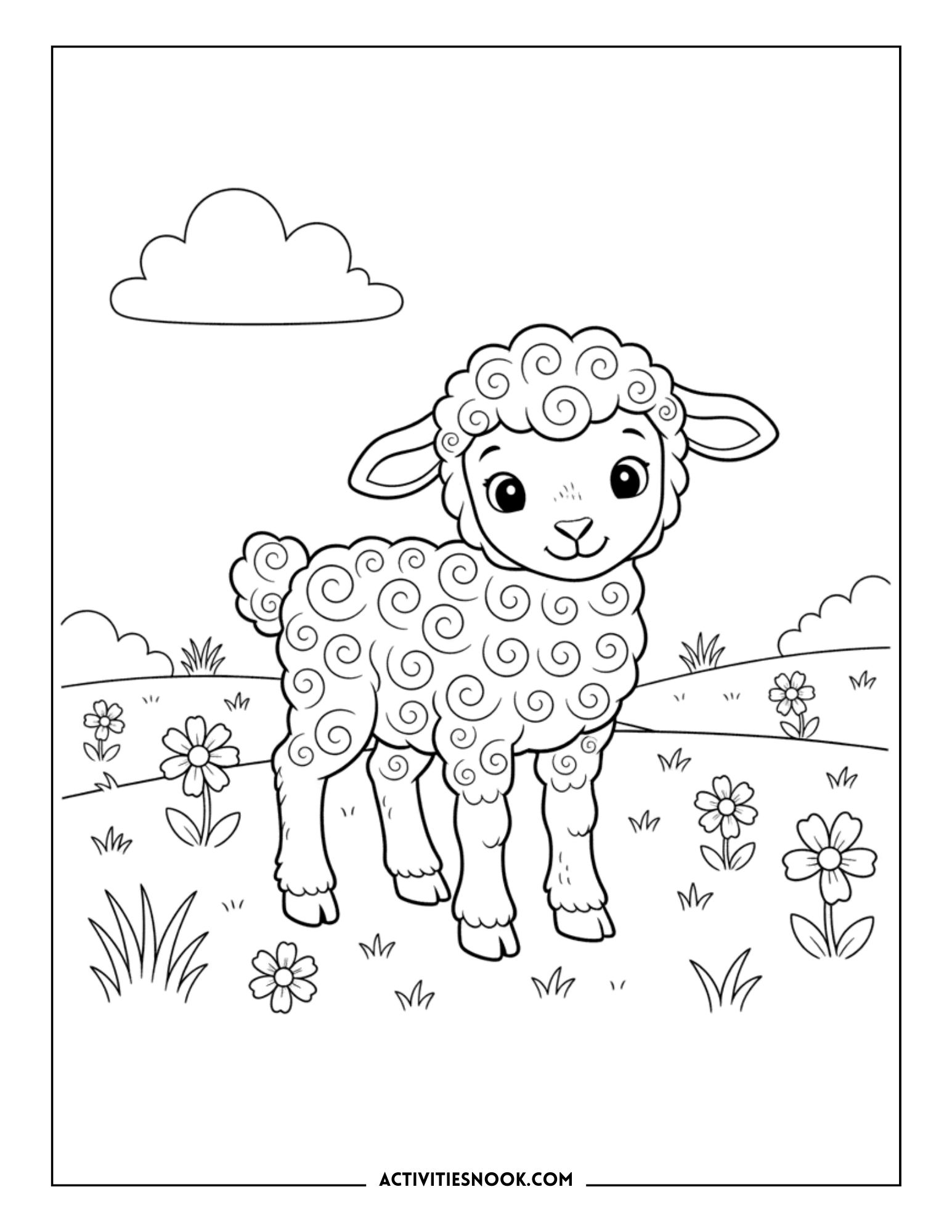 A cute cartoon lamb with curly wool standing in a grassy field surrounded by flowers and clouds.