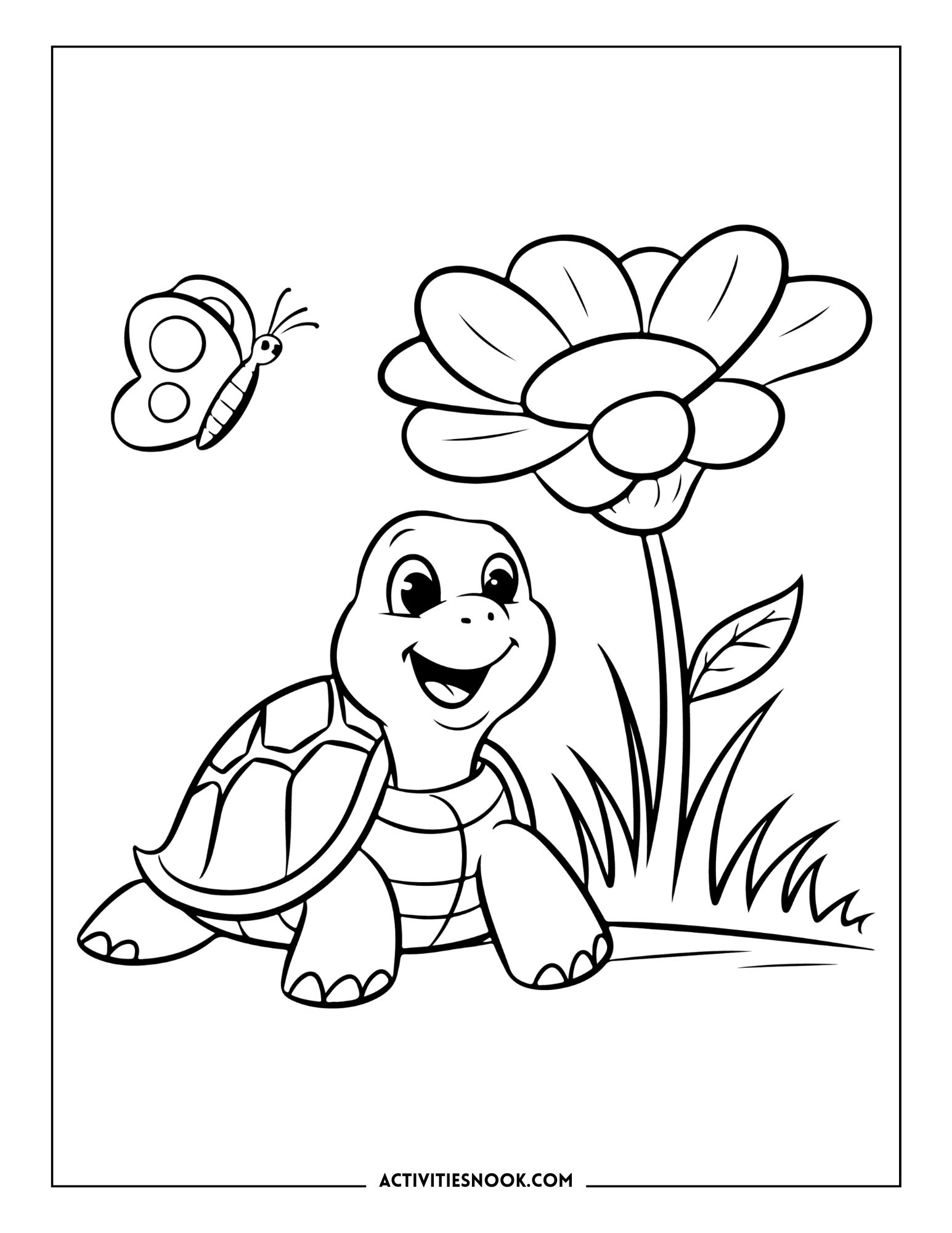 Coloring page featuring a smiling turtle next to a flower and a butterfly in a simple design.