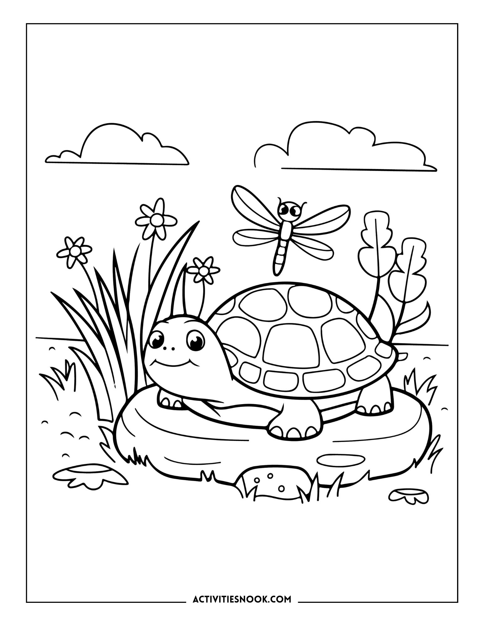 Coloring page featuring a turtle on a rock with a dragonfly above and flowers nearby.