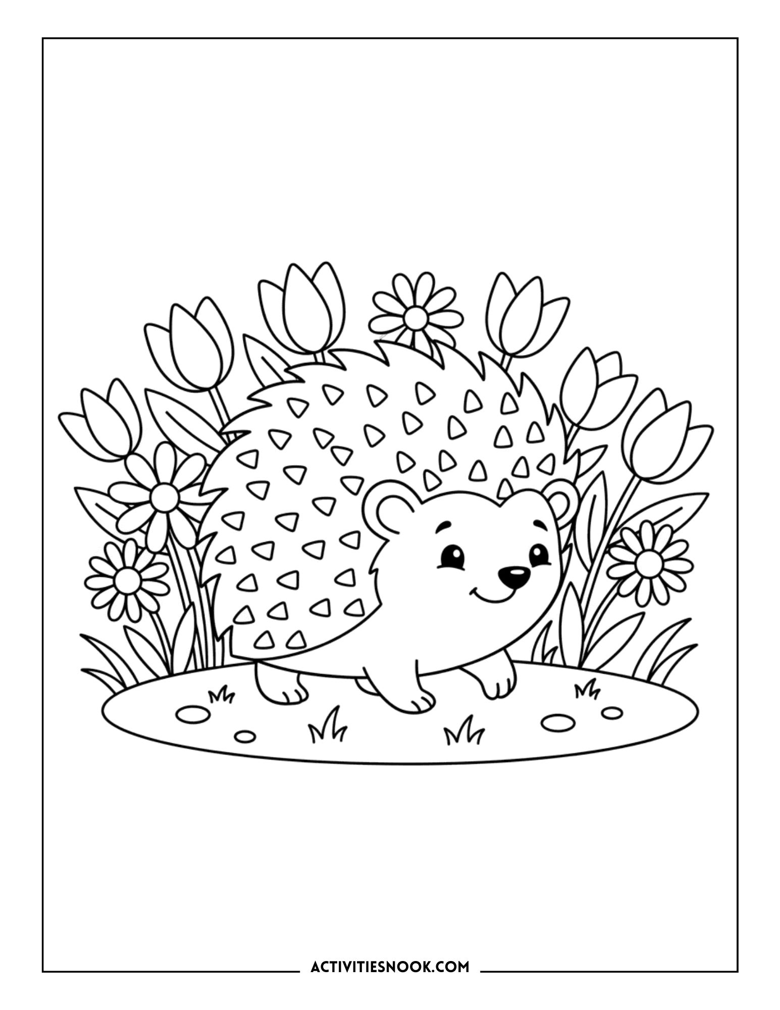 Coloring page featuring a cute hedgehog surrounded by flowers and grass in a spring setting.