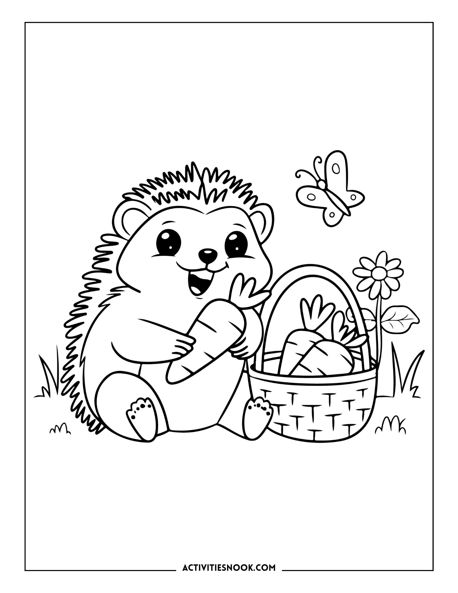 A cheerful hedgehog holding a carrot next to a basket filled with carrots and a flower, with a butterfly above.
