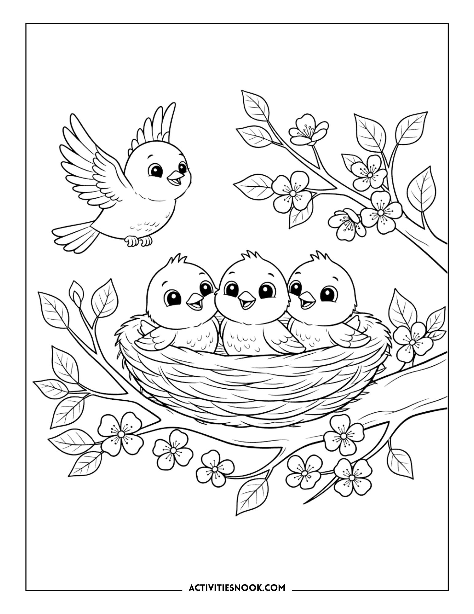 Three baby birds in a nest with a parent bird perched nearby, surrounded by flowers and branches.