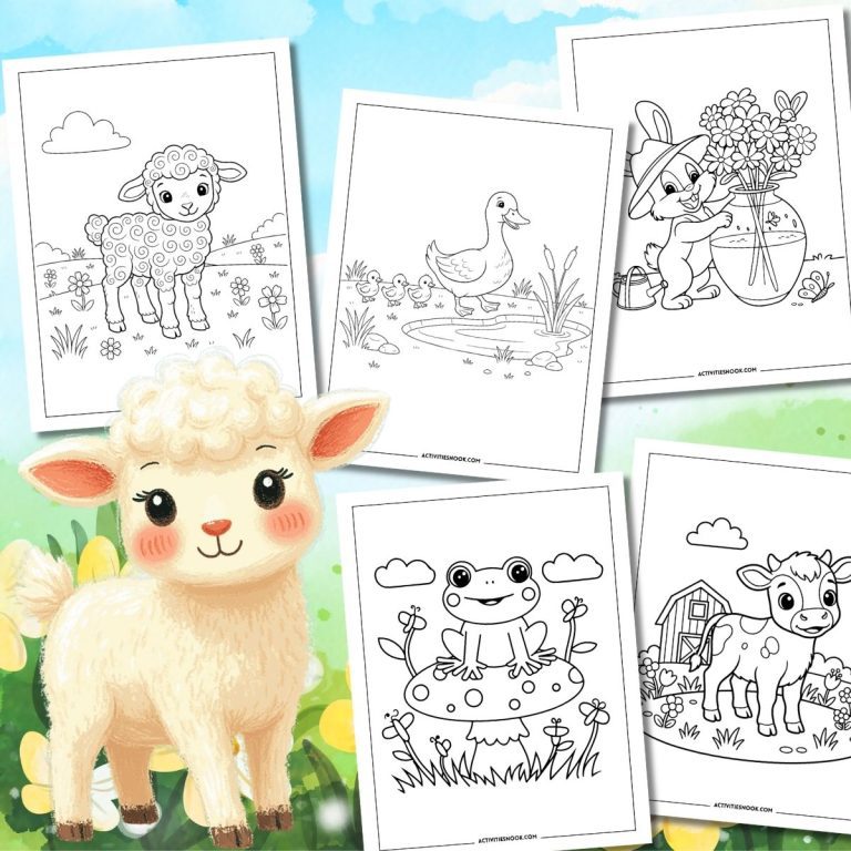 Cute cartoon lamb with curly wool in front of spring-themed coloring pages featuring various animals and flowers.
