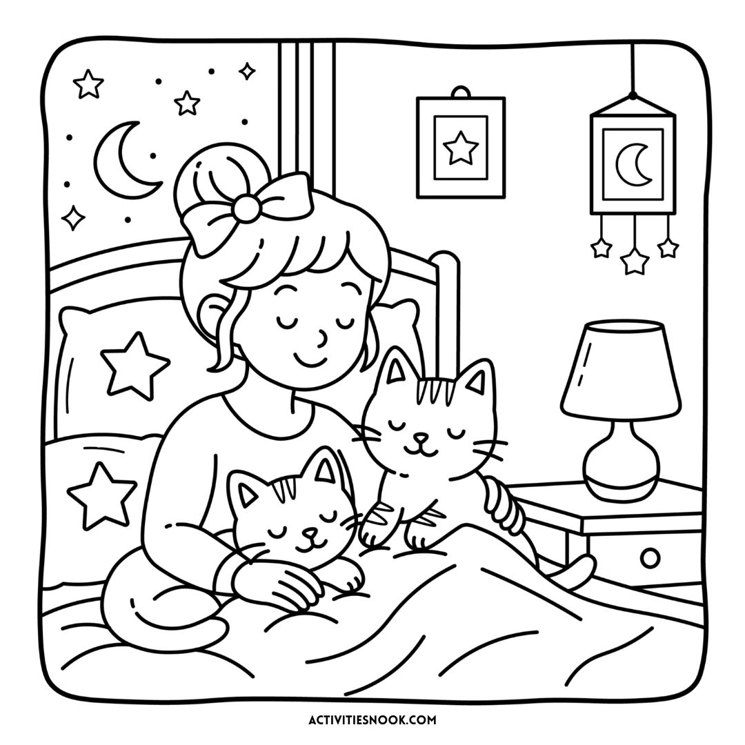 A cozy coloring page featuring a girl with two cats in bed, surrounded by a night sky and decorative elements.