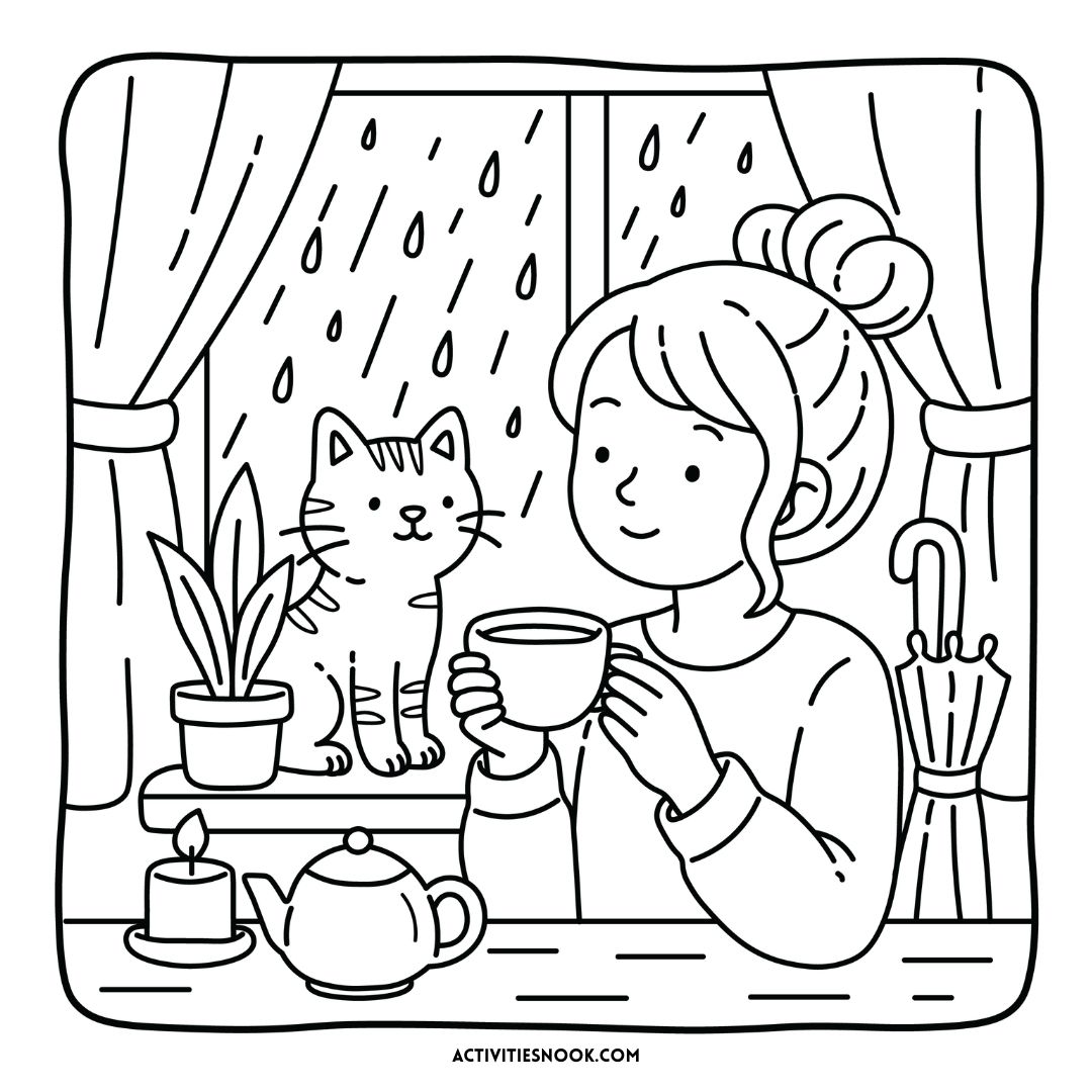 Line art illustration of a woman holding a cup near a window with a cat and a teapot.