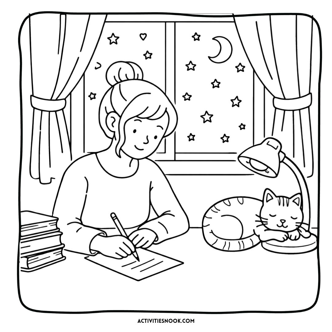 A woman writing at a desk with a cat sleeping beside her, illustrated in a cozy nighttime setting.