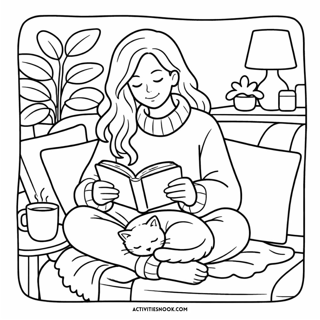A woman reading a book while sitting on a couch with a cat curled up beside her, in a cozy indoor setting.
