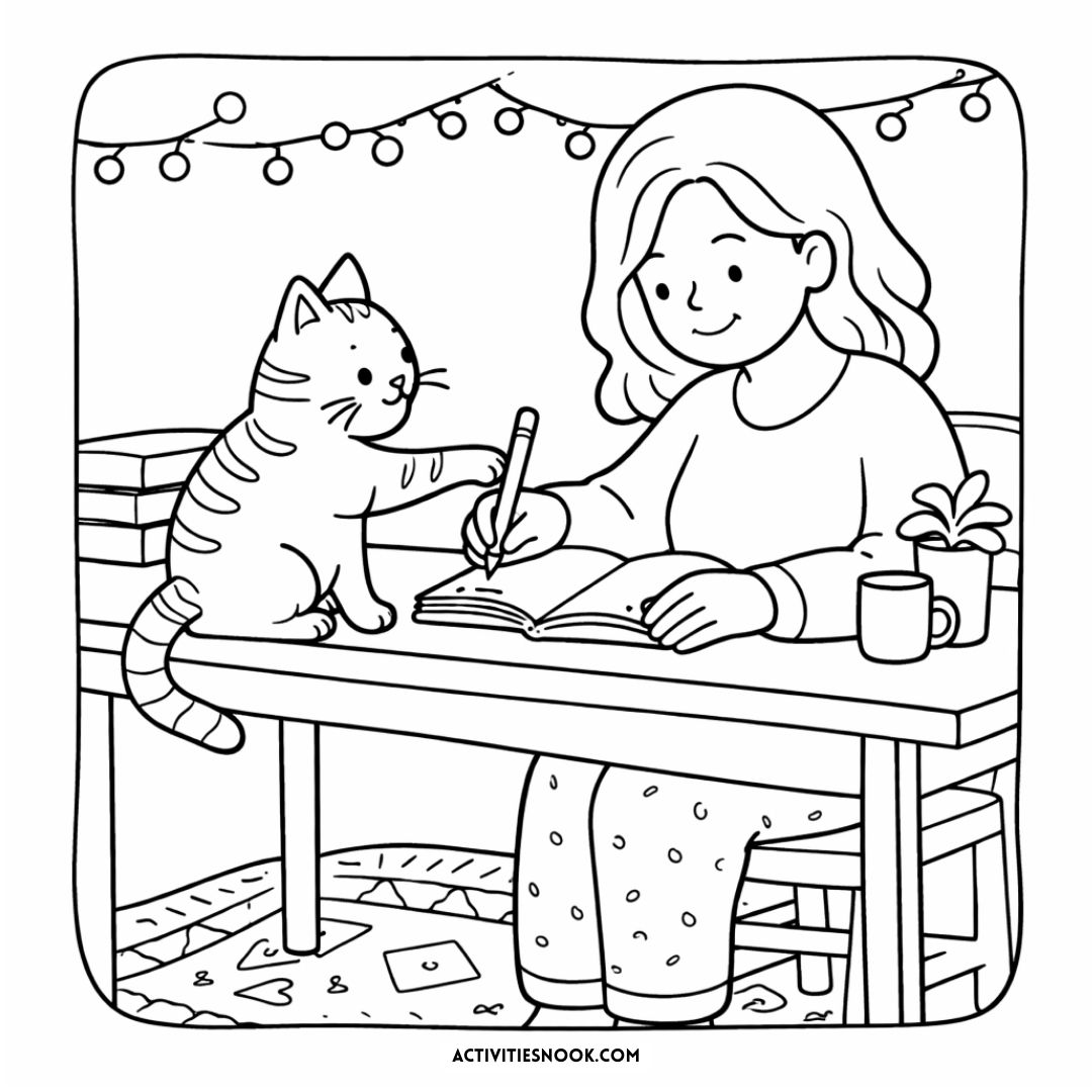 A woman coloring in a book at a table with a cat beside her, surrounded by decorative lights.