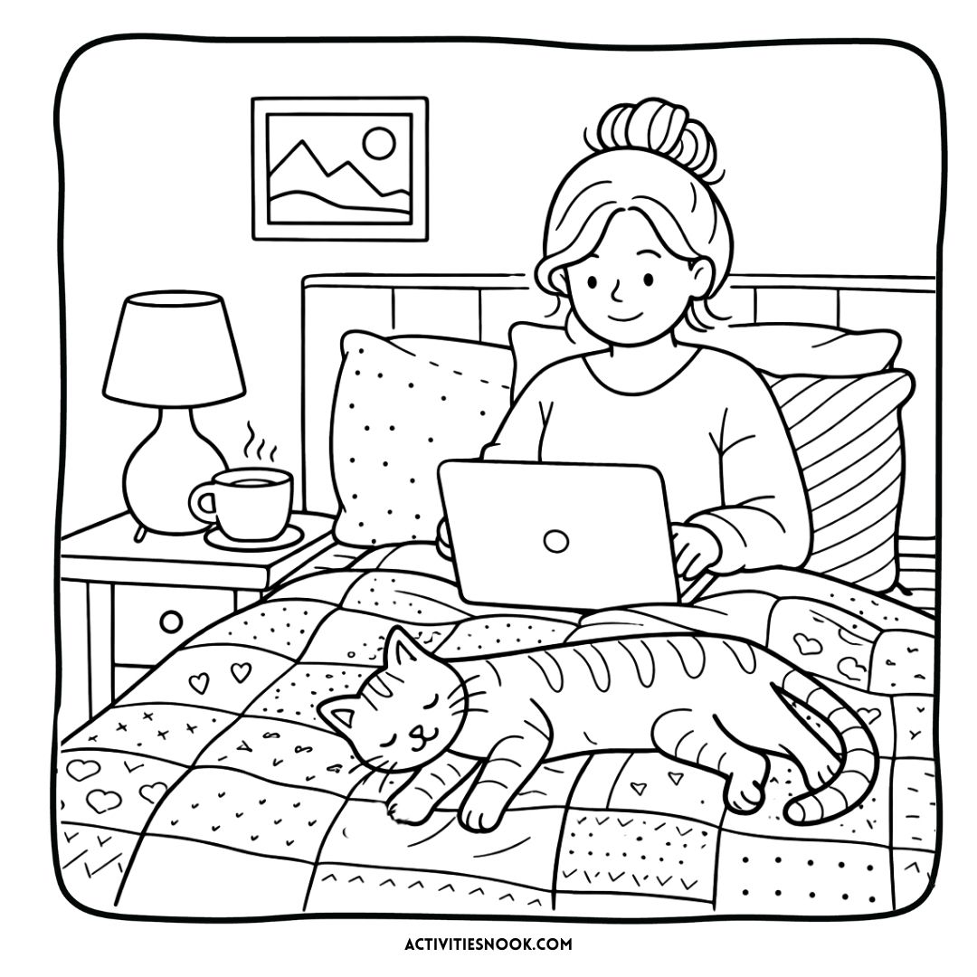 A woman sitting on a bed with a laptop, accompanied by a sleeping cat on a patterned blanket.