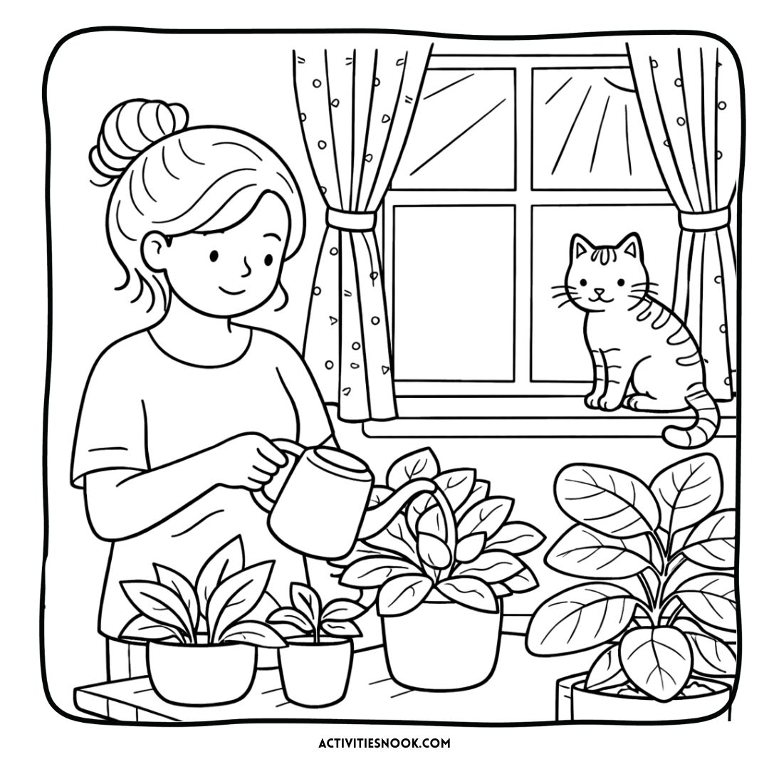 A woman watering indoor plants while a cat sits on the windowsill, with sunlight streaming through the window.