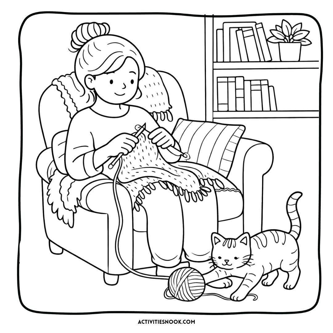 A woman knitting on a chair with a cat playing with a ball of yarn in a cozy setting.