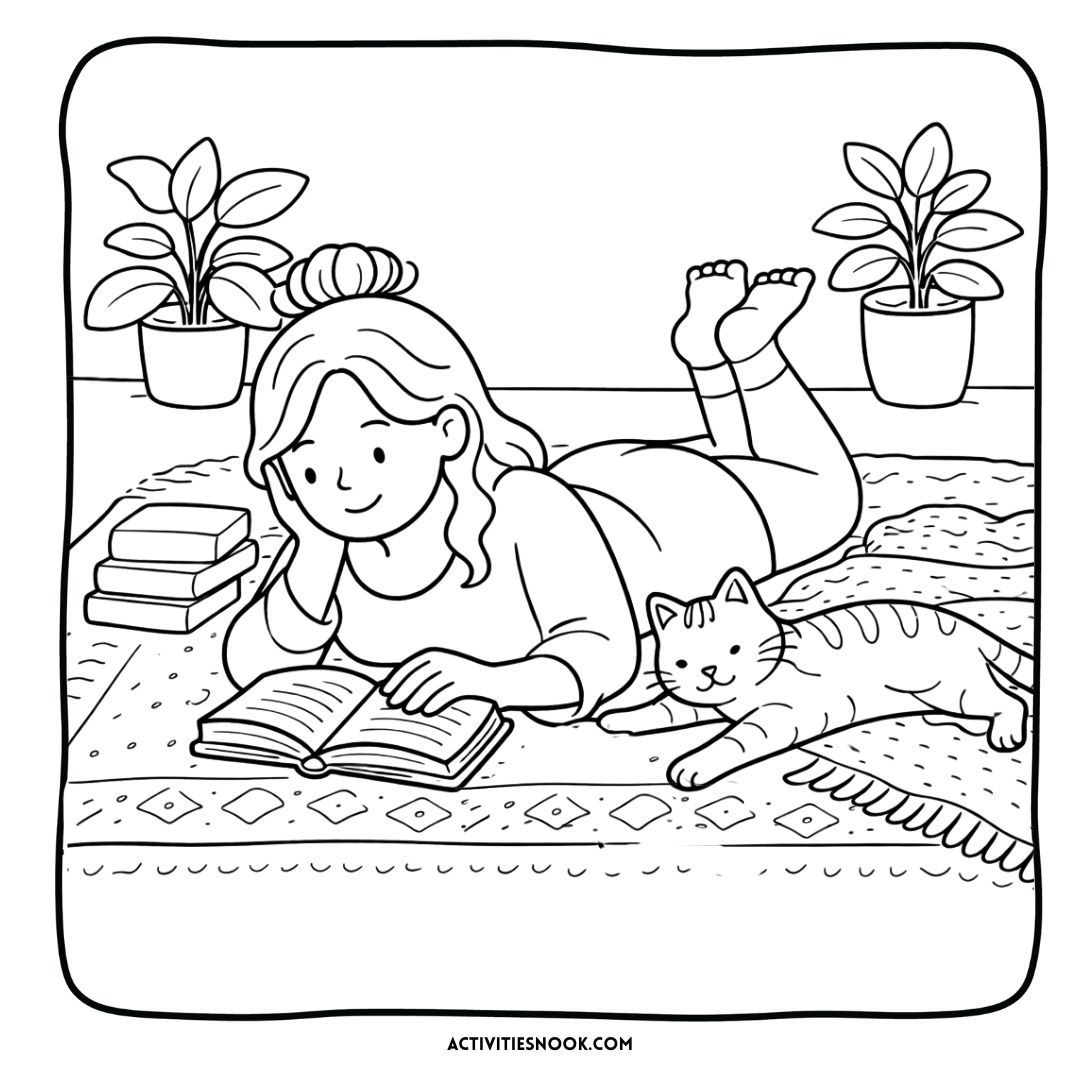 Illustration of a woman reading a book while lying on a rug with a cat beside her, surrounded by plants.