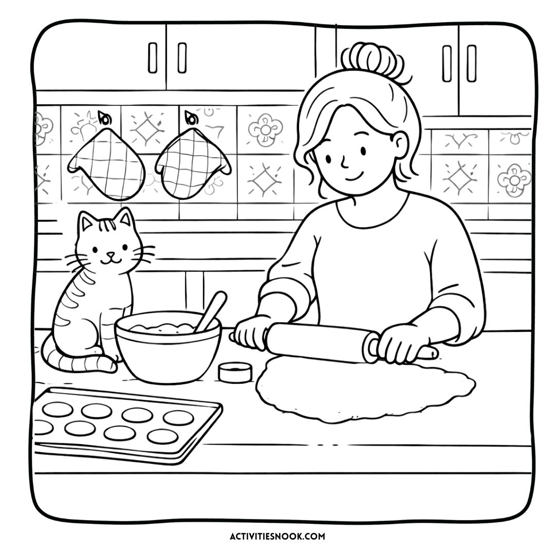 A woman rolling dough with a rolling pin in a kitchen, accompanied by a cat sitting nearby.