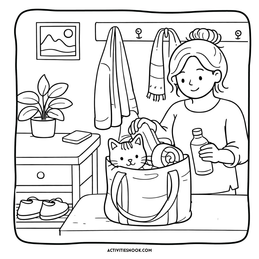 Line drawing of a woman packing a bag with a cat inside, surrounded by household items.