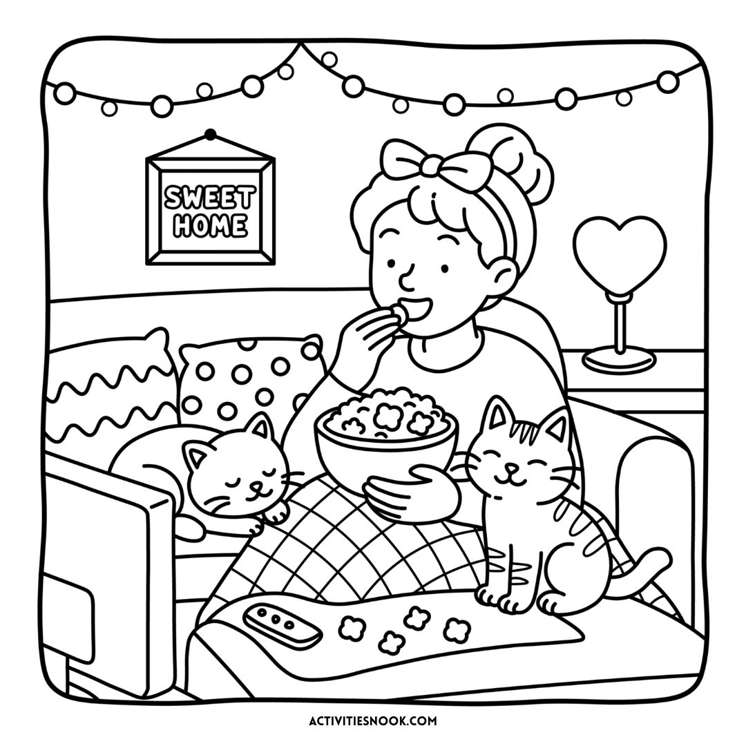 Line art illustration of a woman sitting on a couch with two cats, enjoying popcorn while watching TV.
