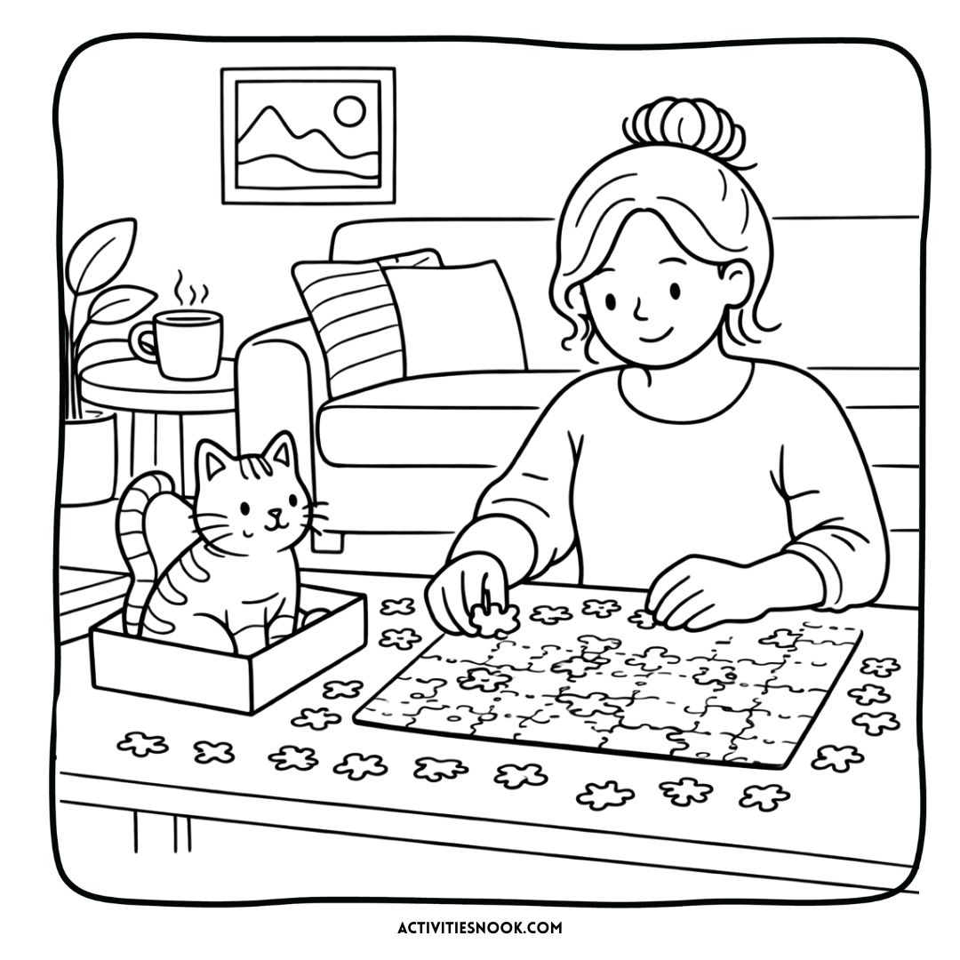 A woman assembling a jigsaw puzzle on a table with a cat in a box beside her.