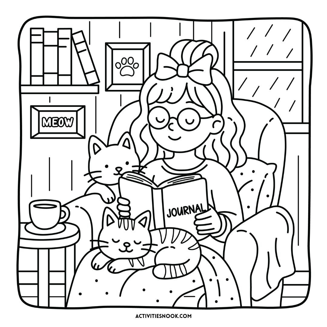A girl reading a journal while sitting in a chair with two cats, one on her lap and one beside her.